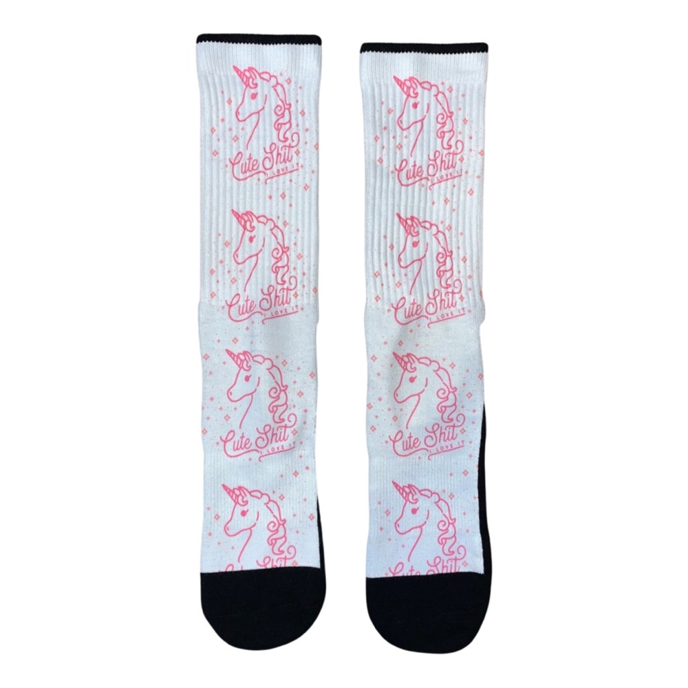 Unicorn Crew Socks Funny Look Human Women Cute White Pink Moisture Wicking